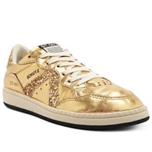 Schutz Women's ST 001 Almond Toe Glitter Detail Sneakers Gold New without a box.